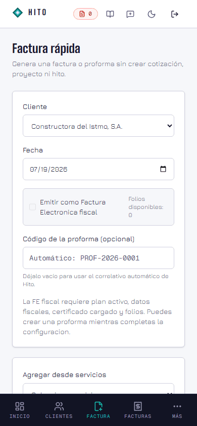 Hito en el celular — Factura rápida sin cotización